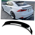 Gloss black duckbill rear spoiler on white car, curved lip design