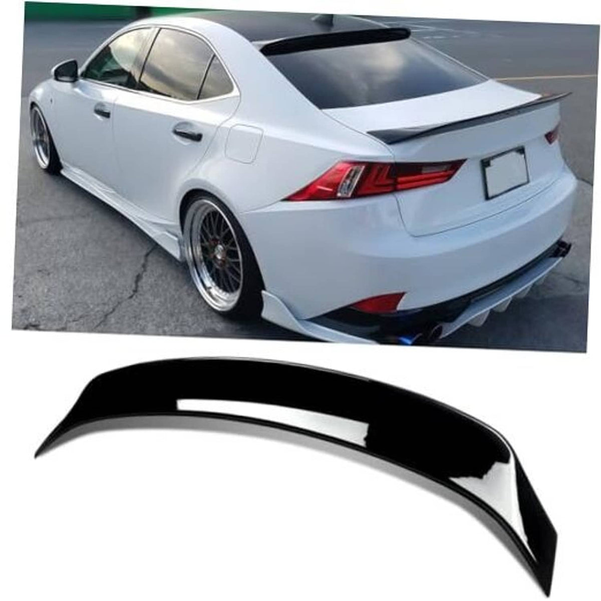 Gloss black duckbill rear spoiler on white car, curved lip design