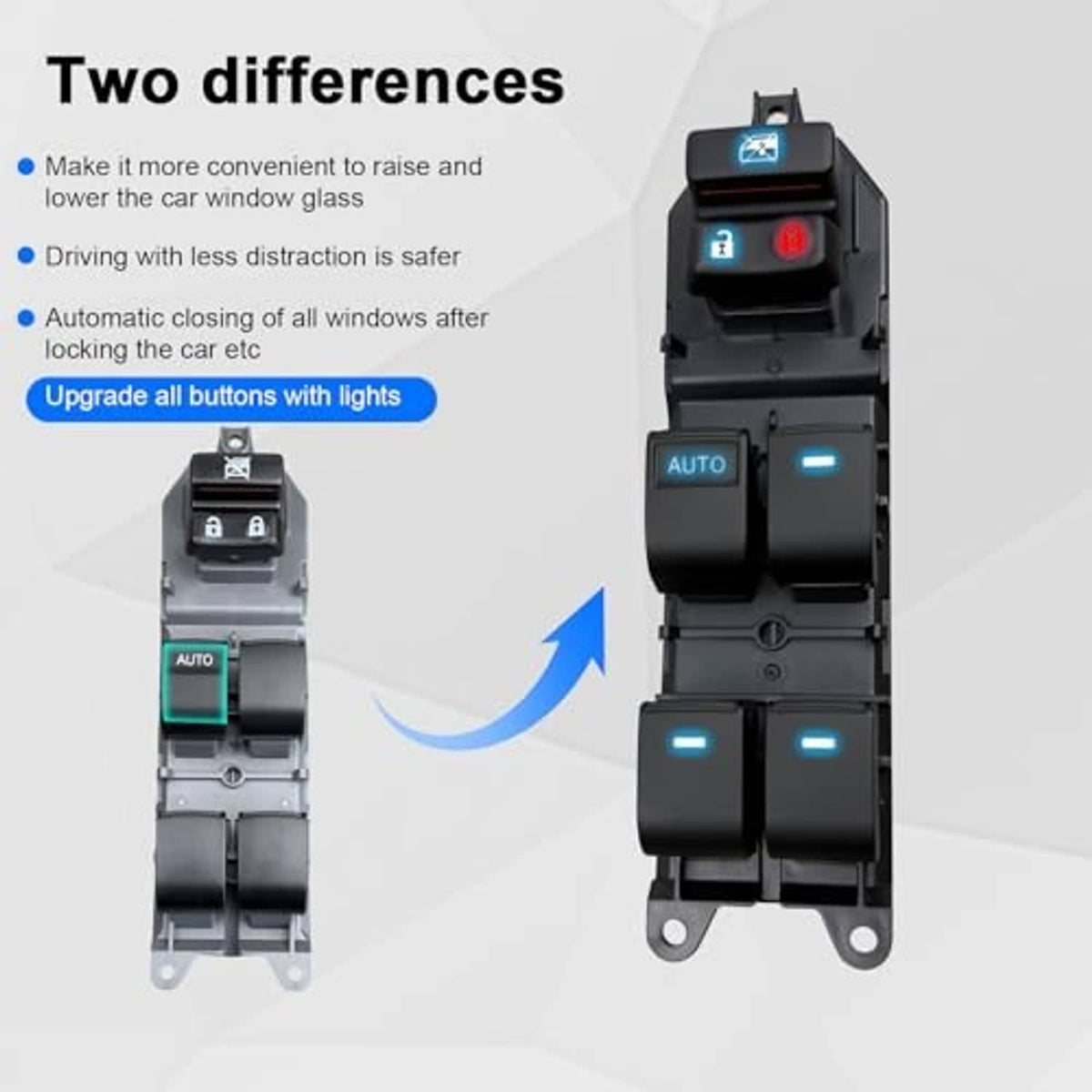Pair of black window switch modules, one shown with blue LED lit control buttons