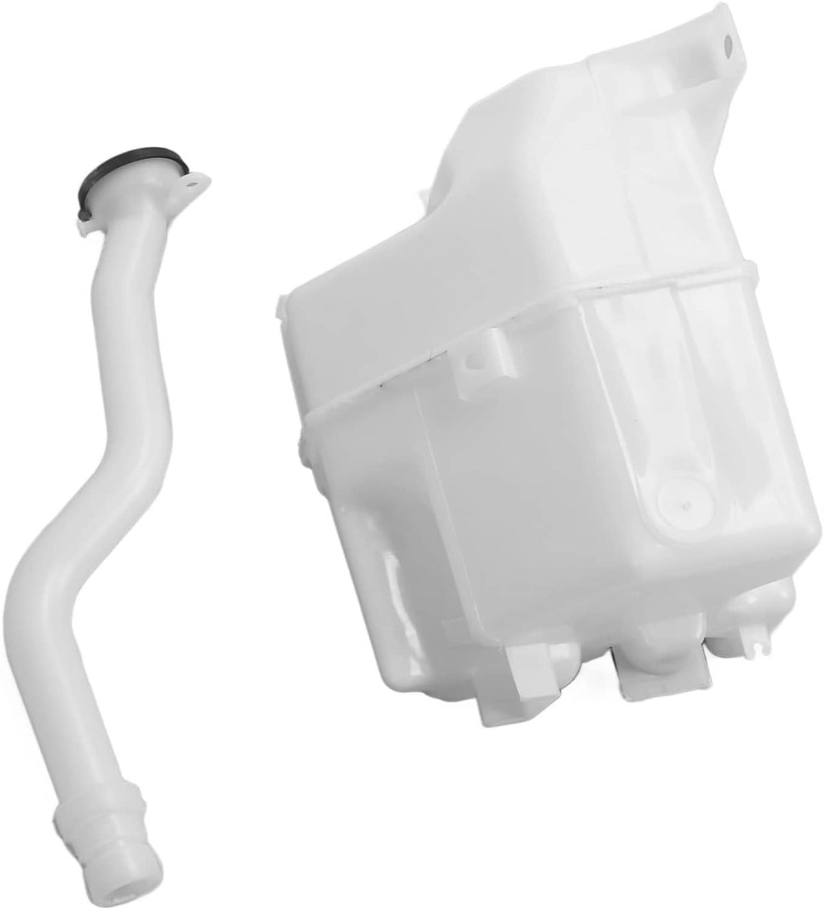 White windshield washer reservoir expansion tank with attached hose and side fittings