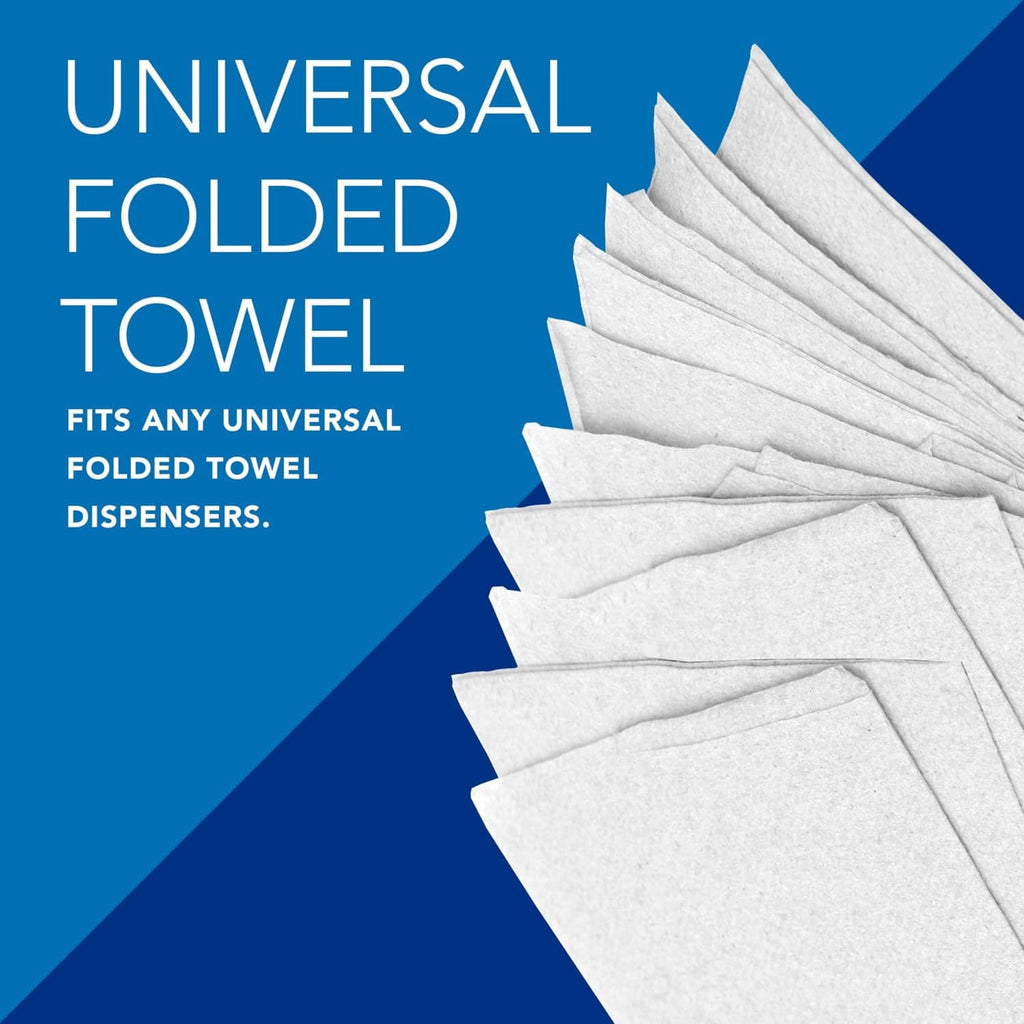 Universal folded paper towels, white sheets fanned for dispenser use.