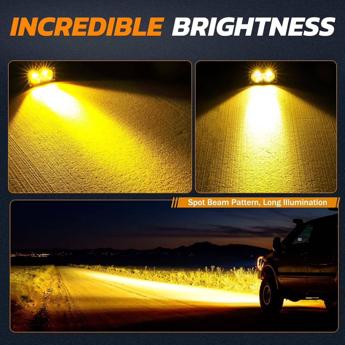 Amber LED pod spotlight lights with warm spot beam, black housing