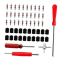 Tire valve stem removal tool kit with red handle and multiple black caps and extractors
