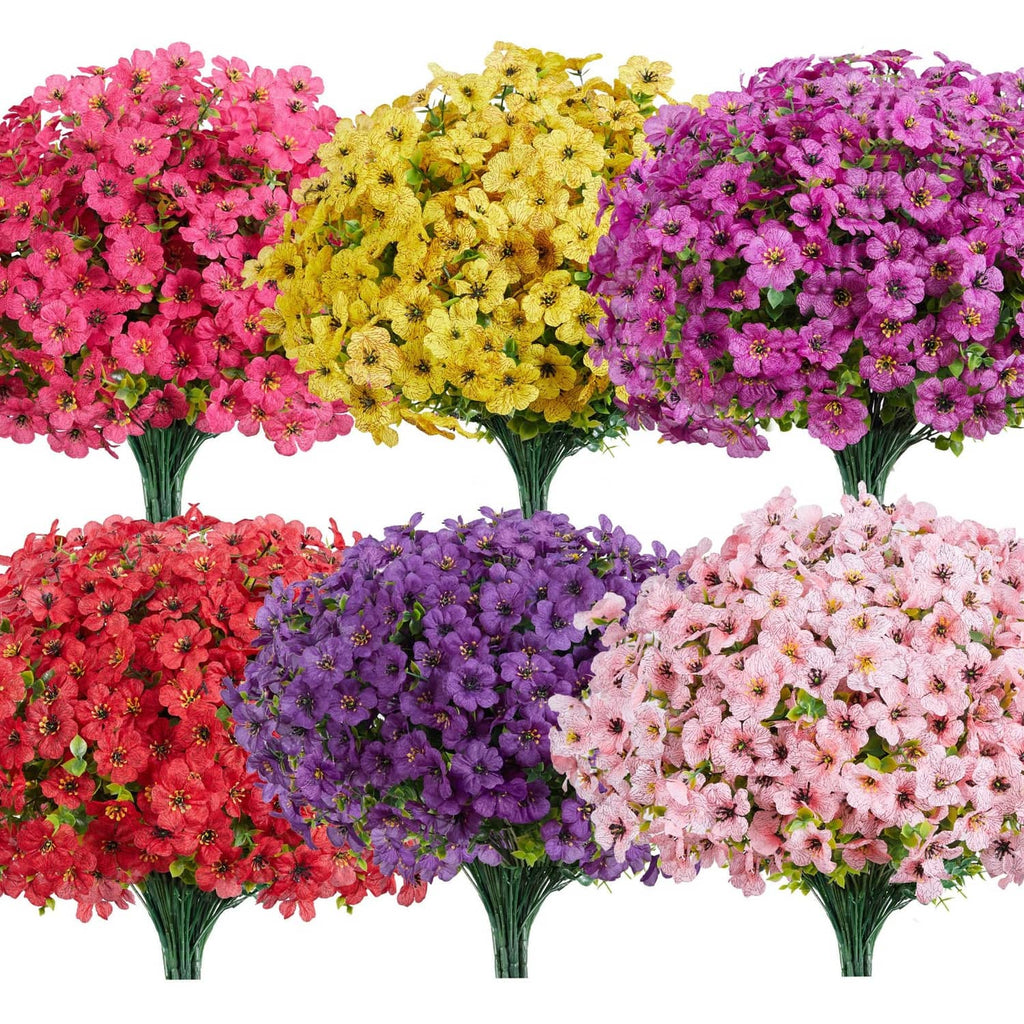 Artificial flower bundles with mixed pink, yellow, violet, red, and purple blossoms on stems