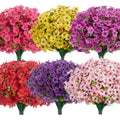 Artificial flower bundles with mixed pink, yellow, violet, red, and purple blossoms on stems