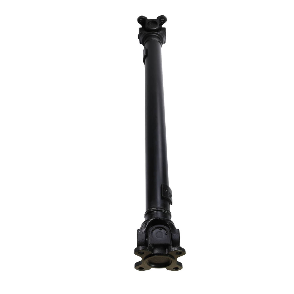 Front driveshaft prop shaft with black tube and top mounting yoke, upright view