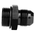 Black AN fuel rail o-ring fitting, male flare adapter with knurled hex and threads