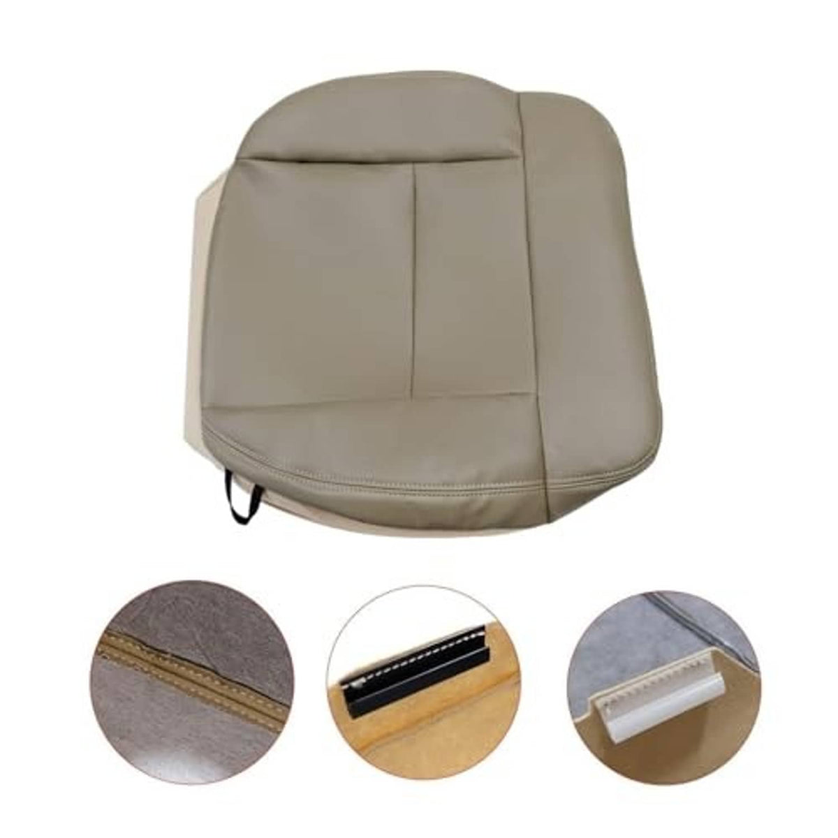 Beige leather seat cover with stitched seams and accessory straps at the bottom edge