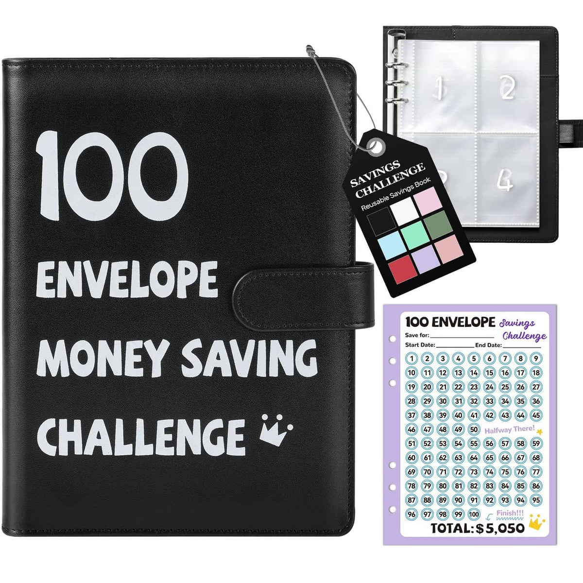 Black A5 100-envelope money saving challenge binder with reusable tracker inserts