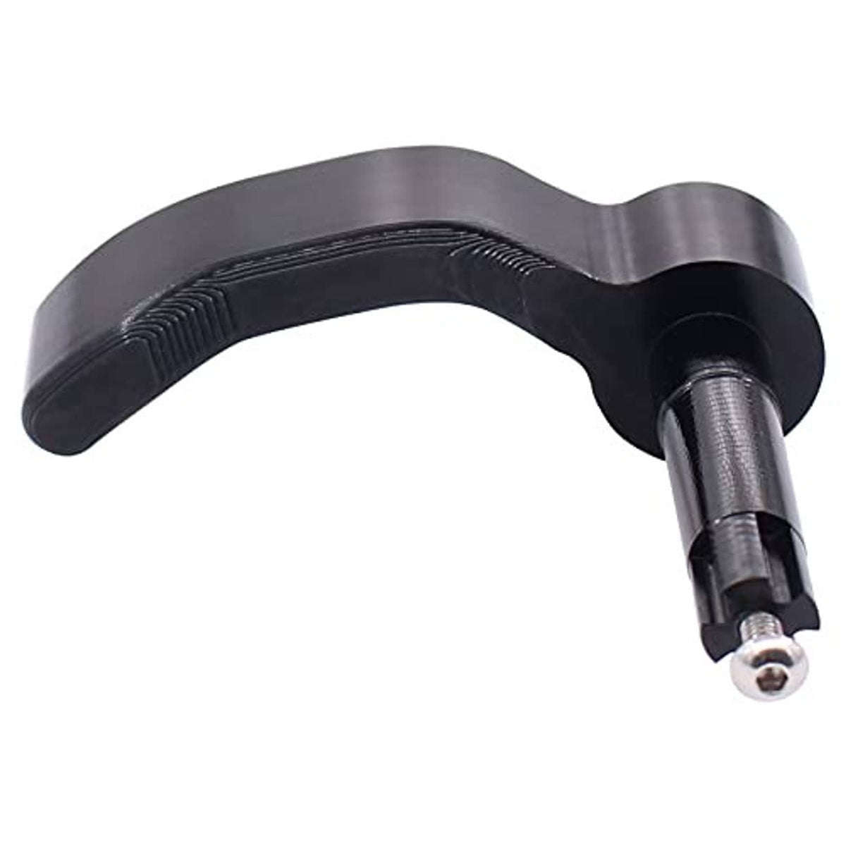 Detail of textured black thumb throttle grip and metal mounting hardware