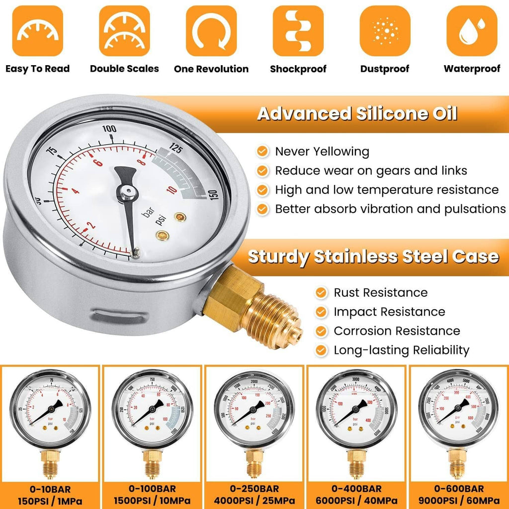 Hydraulic pressure gauge with dial face and brass screw fitting on a stainless case