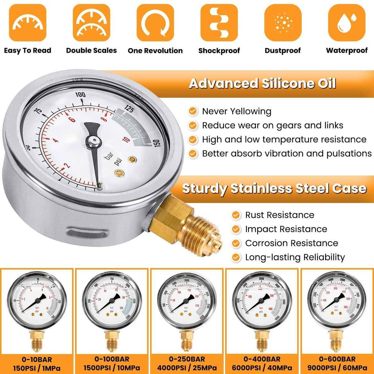 Hydraulic pressure gauge with dial face and brass screw fitting on a stainless case