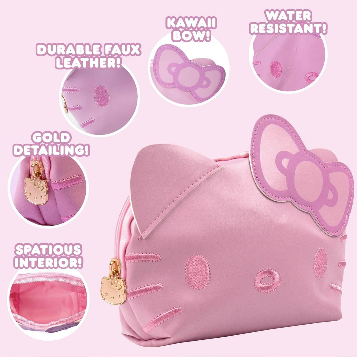 Pink Hello Kitty mini pouch with cat-ear applique and stitched dot details