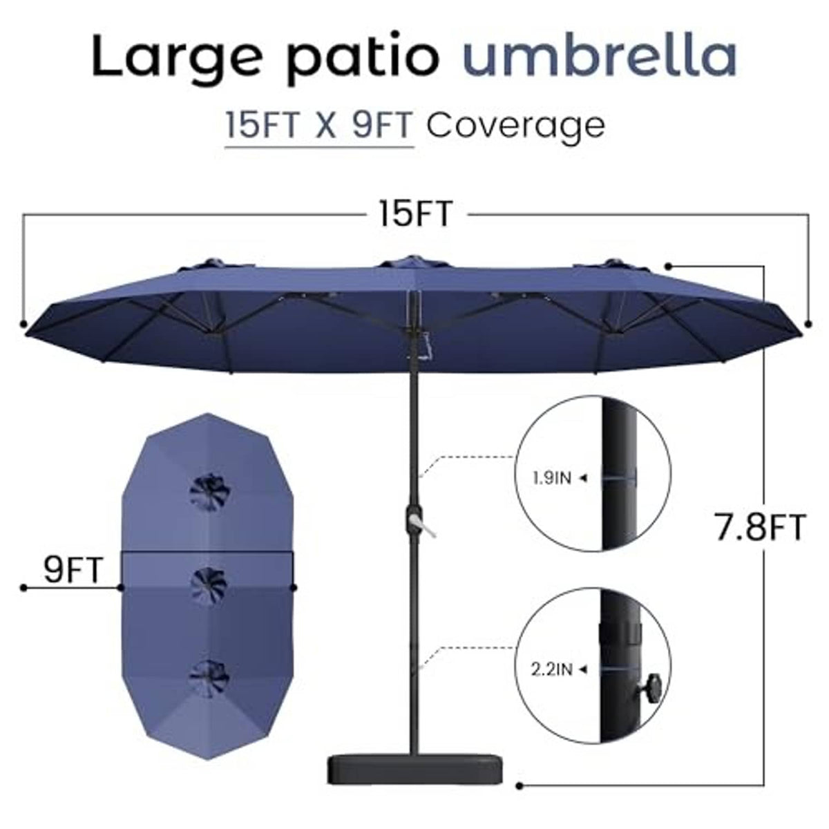 Large rectangular patio umbrella with double-sided canopy and side coverage panels
