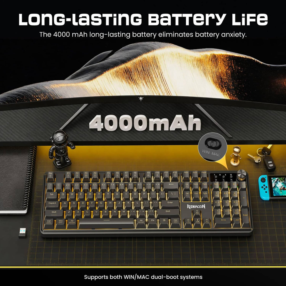 Grayish-black wireless gaming keyboard with RGB backlit keys and compact design.