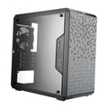 Black micro-ATX PC case with mesh-pattern side panel and front vented panel window.