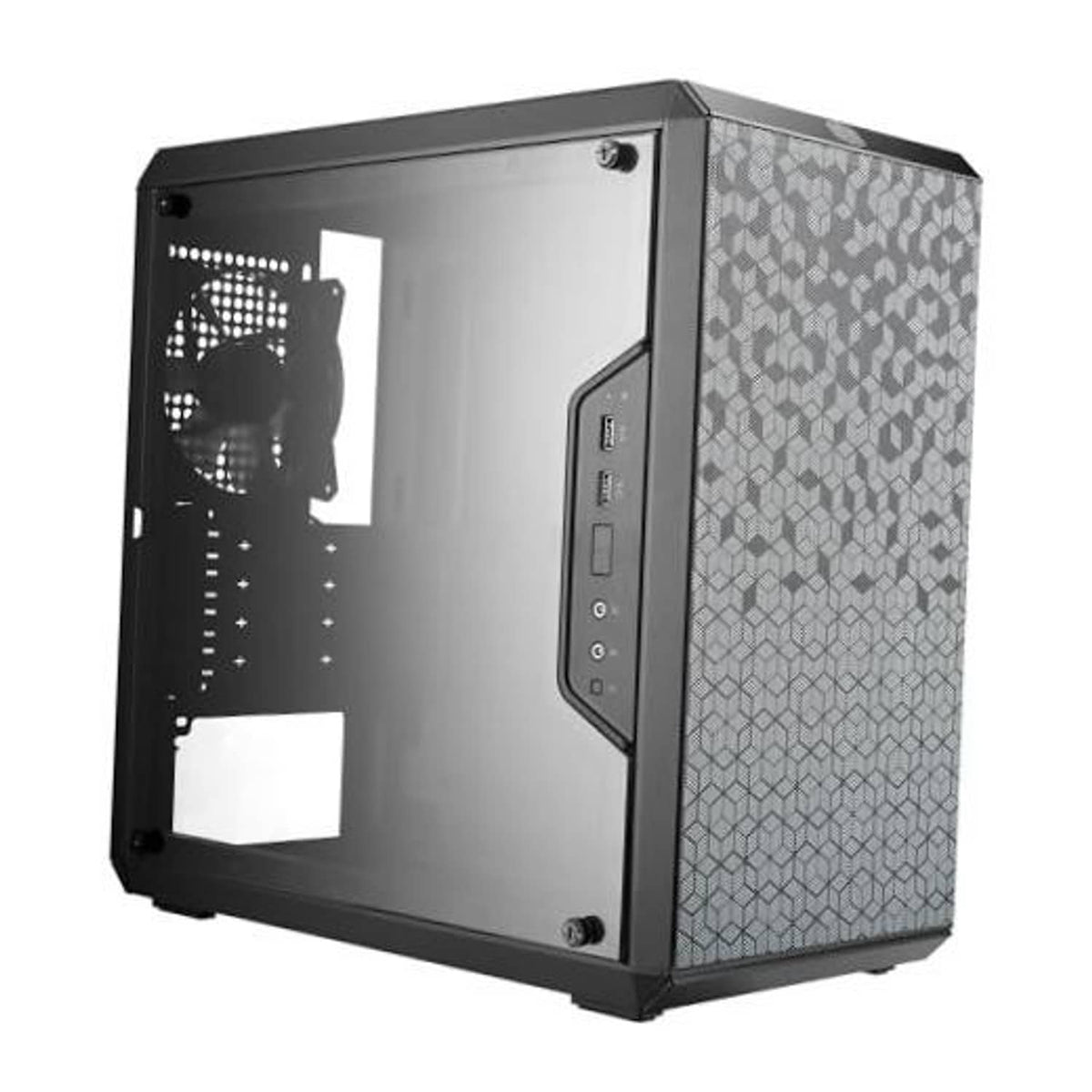 Black micro-ATX PC case with mesh-pattern side panel and front vented panel window.