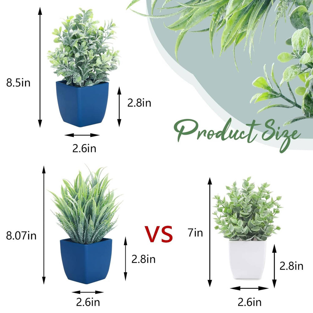 Two fake plants in blue pots shown with size: bushy leafy and spiky eucalyptus