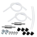 Brake bleeder kit hoses with one-way check valve fittings and black rubber caps