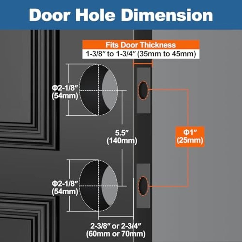 Satin nickel deadbolt and door knob lockset door-hole size dimension diagram