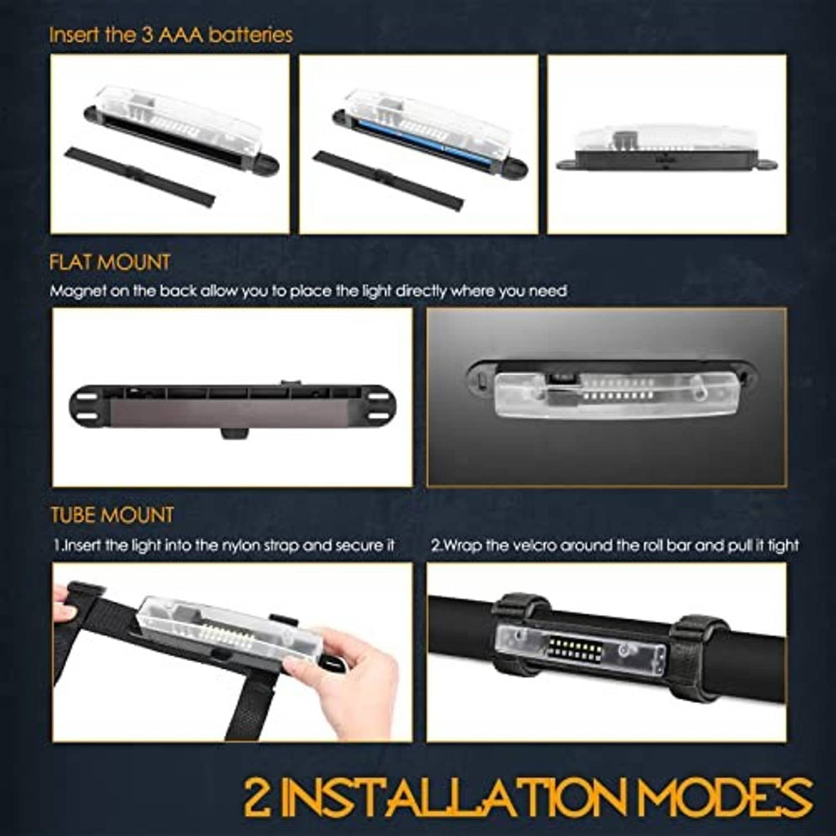 Universal UTV LED light bar installation modes: flat mount and tube mount with straps