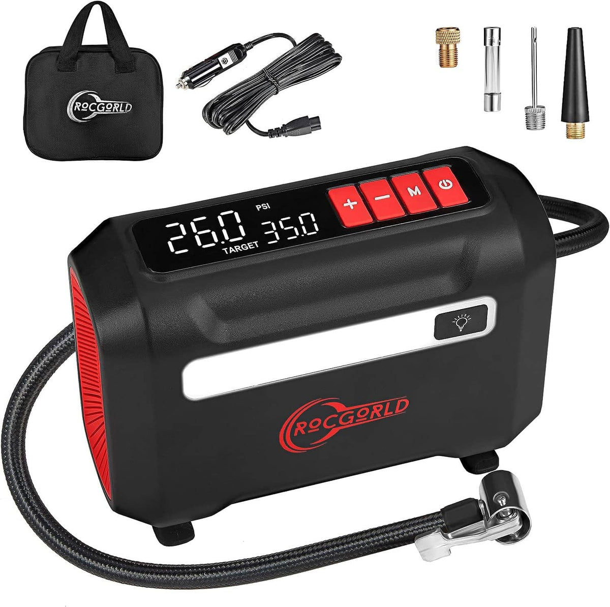 DC 12V air compressor tire inflator with LCD screen, preset target, accessories and hose