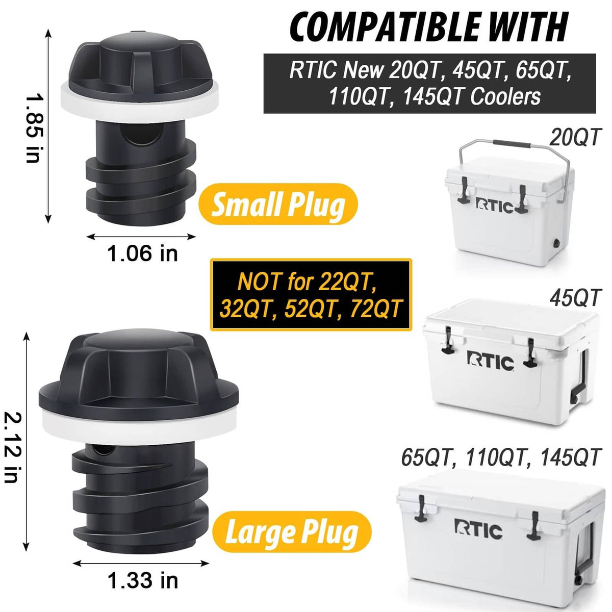 Small and large black cooler drain plugs, tapered threaded stems with caps