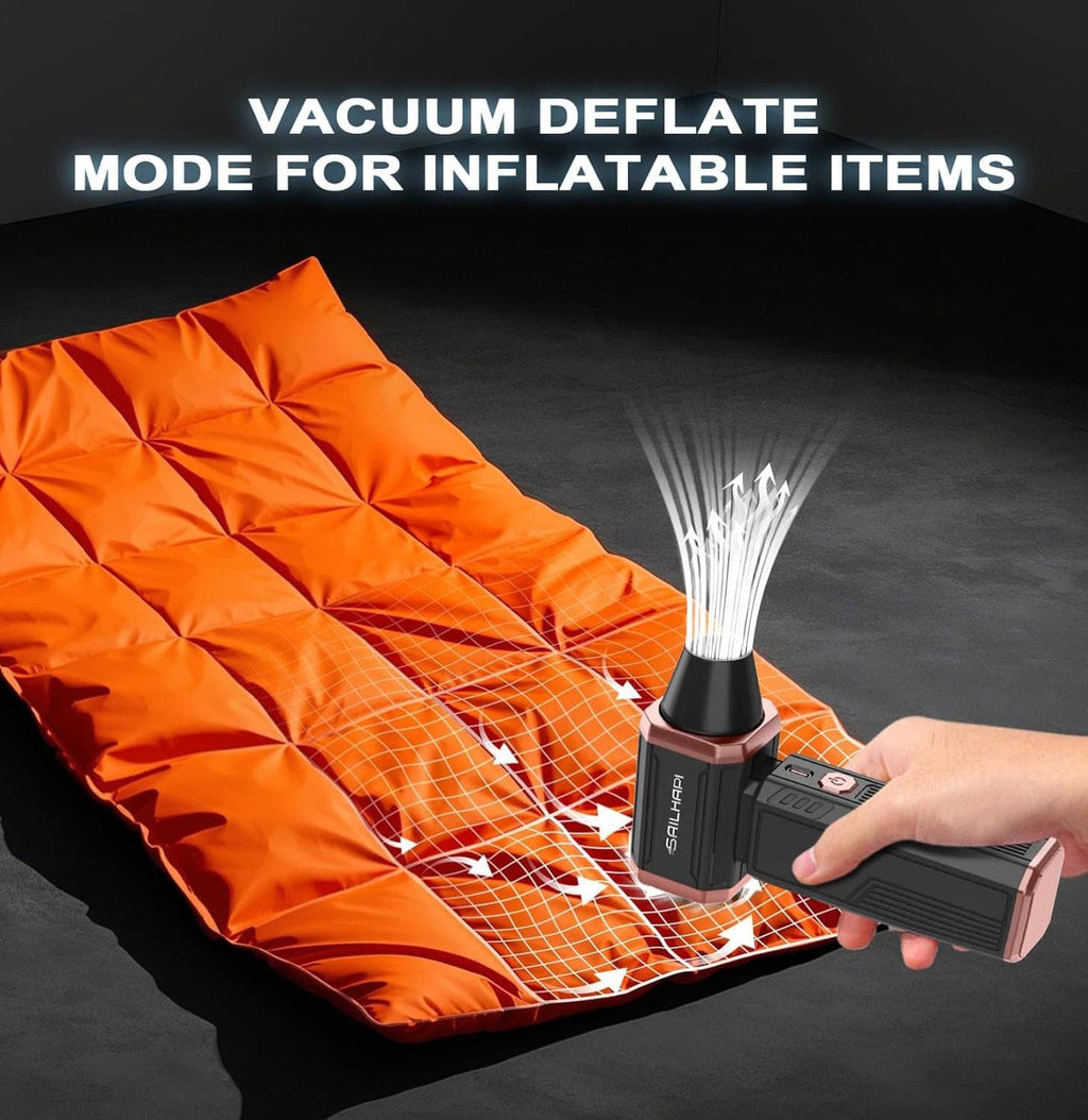 Vacuum deflate air duster blowing into an inflatable orange cushion