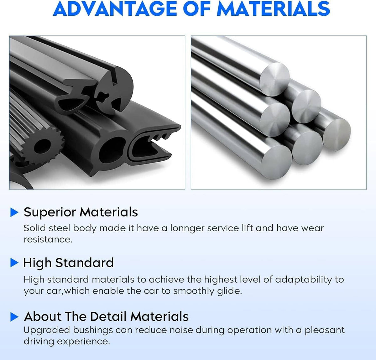 Suspension kit material close-ups: rubber elements and galvanized metal rods