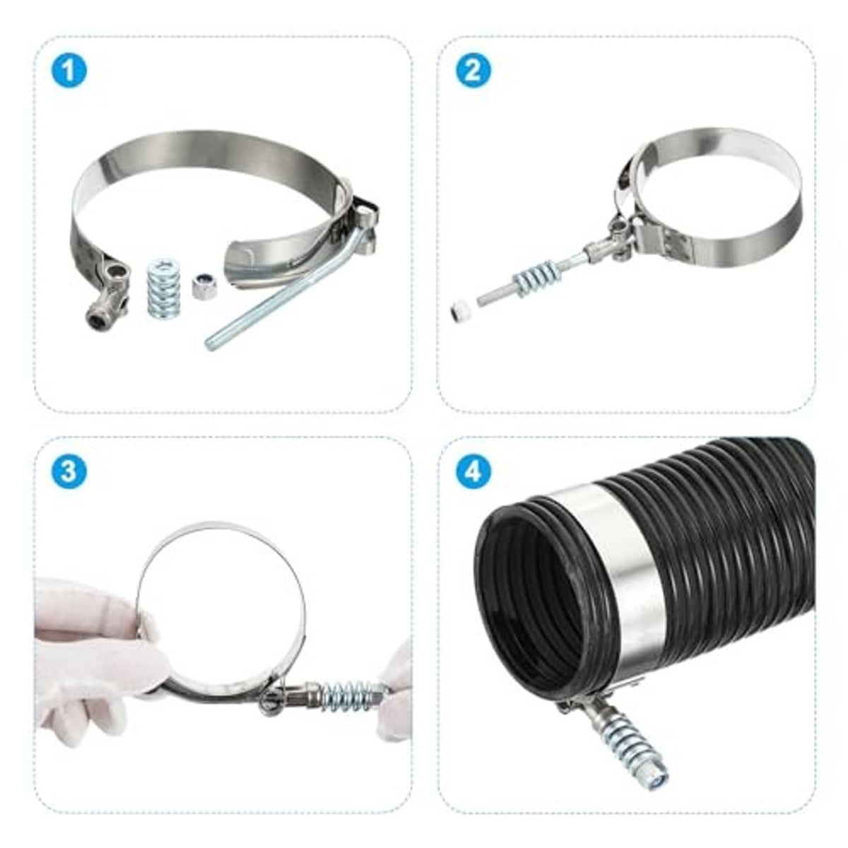 Stainless steel hose clamp installation steps with bolt, band, and spring shown