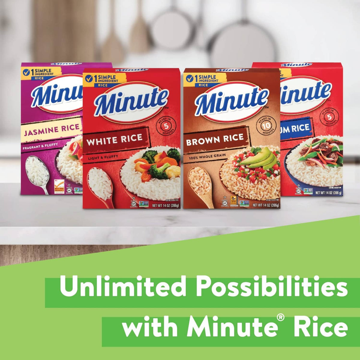 Assorted rice packages including white rice, with promotional branding and icons