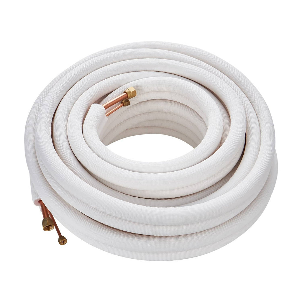 Coiled insulated mini split line set with white tubing and copper connector tips