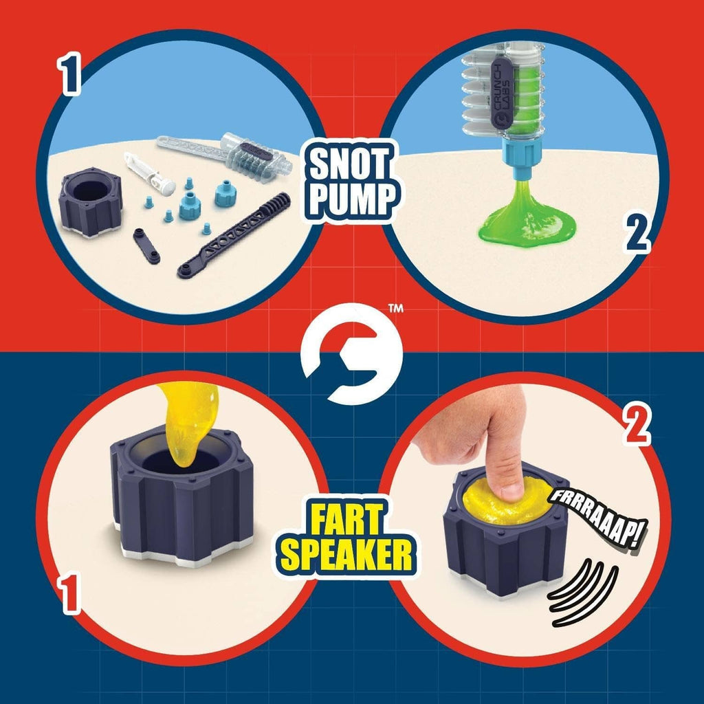 Step-by-step snot pump and fart speaker setup diagram on slime prank lab packaging