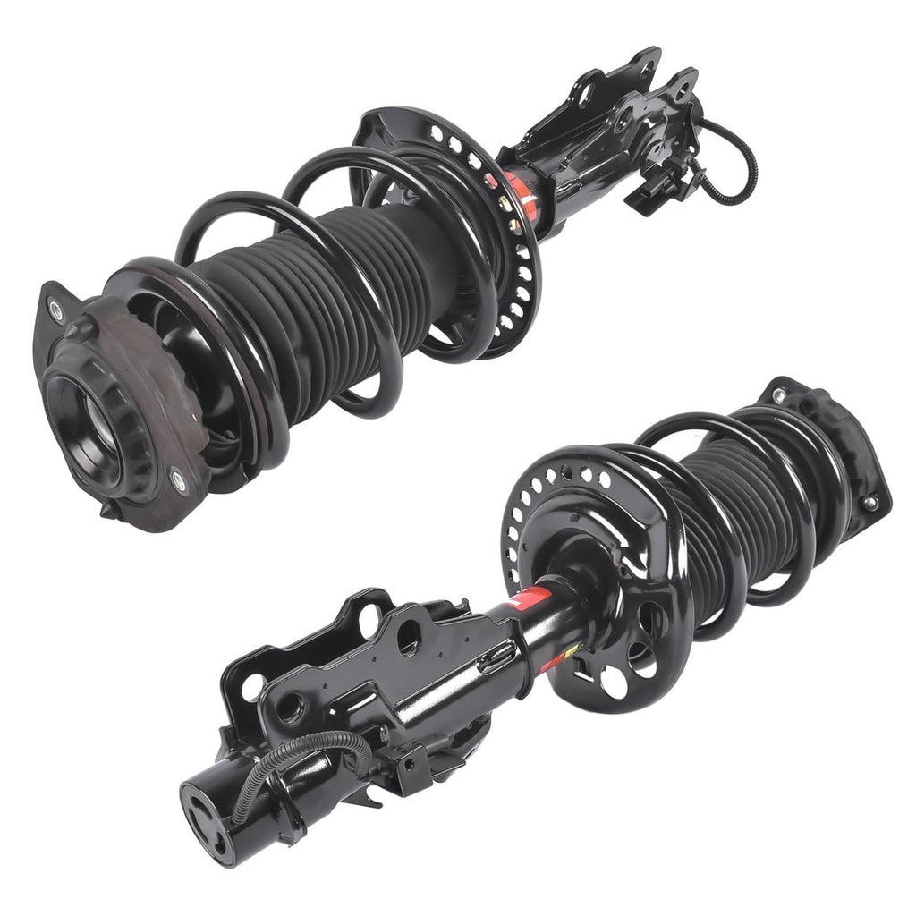 Pair of front strut assemblies with black coil springs and chassis mounting brackets