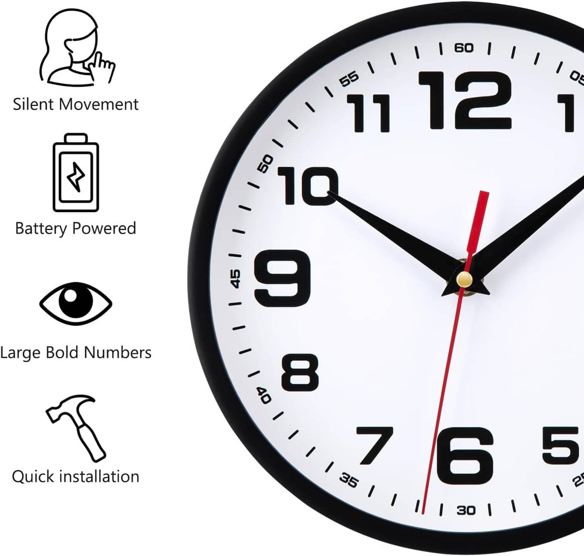 Battery powered silent analog wall clock; large bold numbers; red second hand