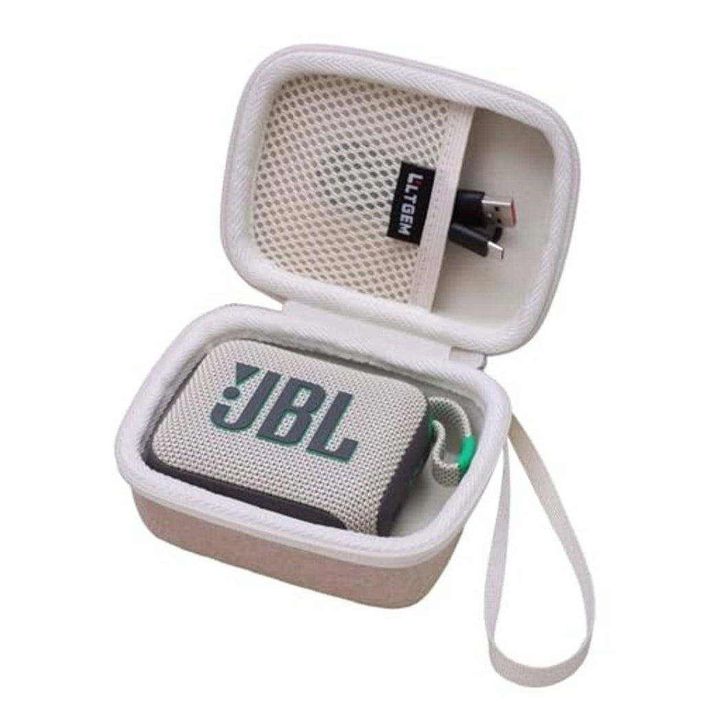 Sand-colored zippered speaker case with wrist strap, open to show a JBL speaker insert
