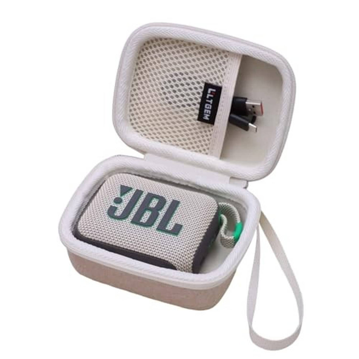 Sand-colored zippered speaker case with wrist strap, open to show a JBL speaker insert