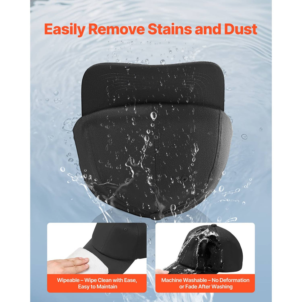 Black baseball cap with curved brim, shown with water droplets
