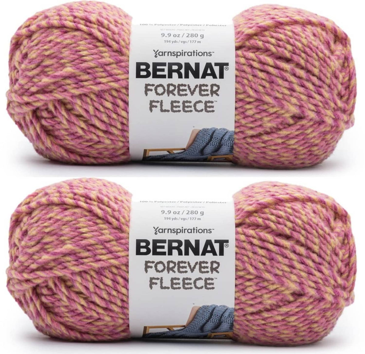 Super bulky fleece yarn pack, 2 skeins in pink, purple, and gold heather