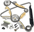 Timing chain kit with sprocket gears, link chain, and tensioner components