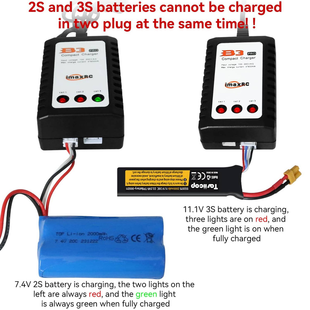 Two compact black LiPo balance chargers with charging indicators and connector leads