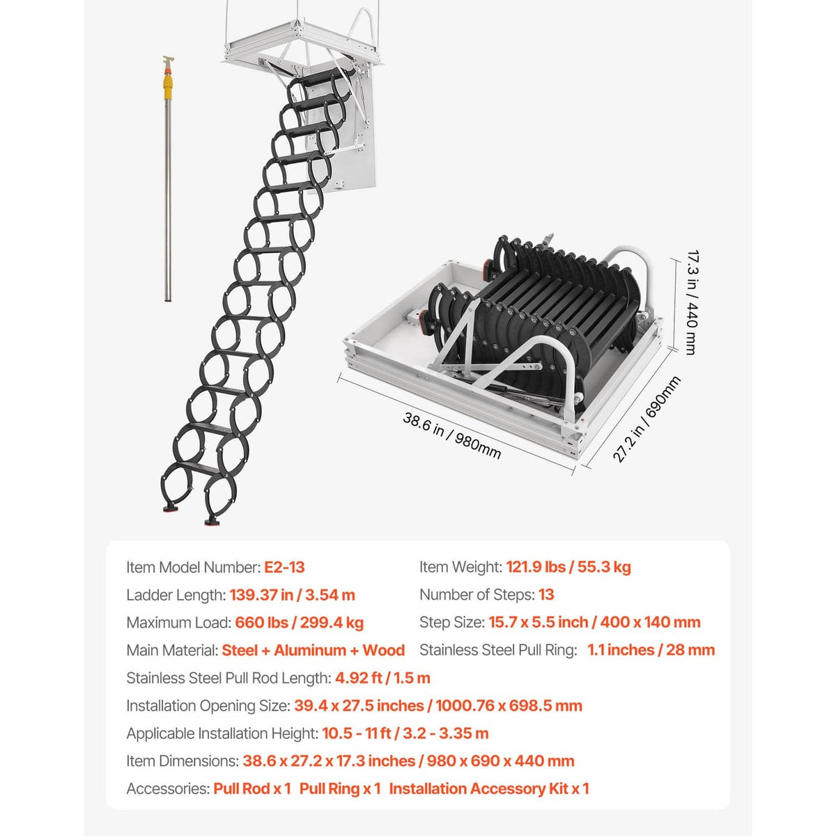 Ceiling attic stairs set with black circular ladder and white pull-out base tray
