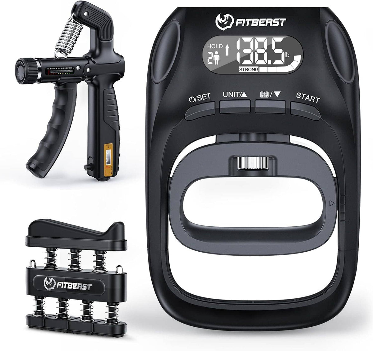 Digital grip strength tester with LCD screen, start buttons, and adjustable hand grip