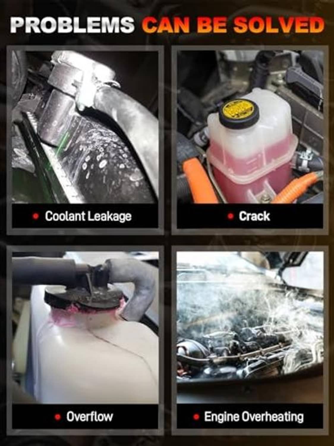 White coolant expansion tank with black cap, shown in engine compartment