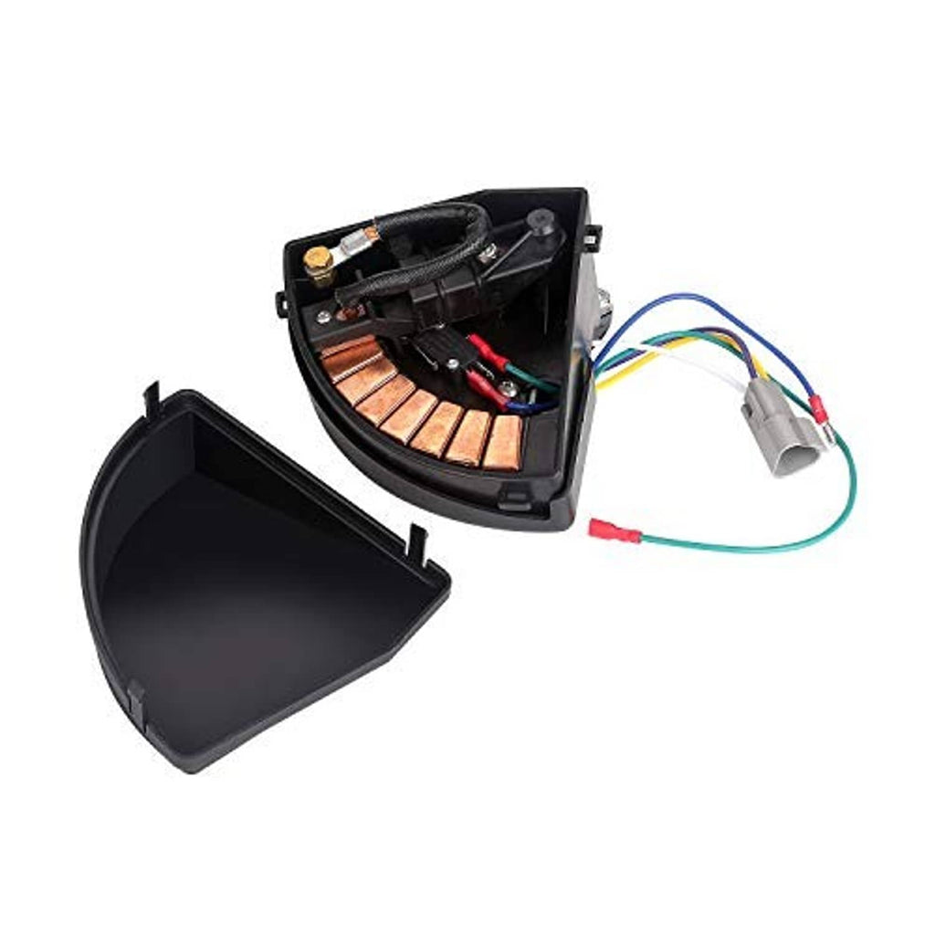 Open black wiper switch housing with copper contacts, terminals, and wire harness.