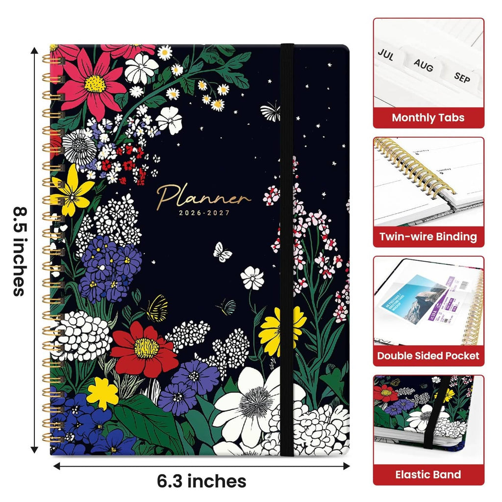 Floral 2026-2027 planner with gold twin-wire binding, elastic band, and double pocket
