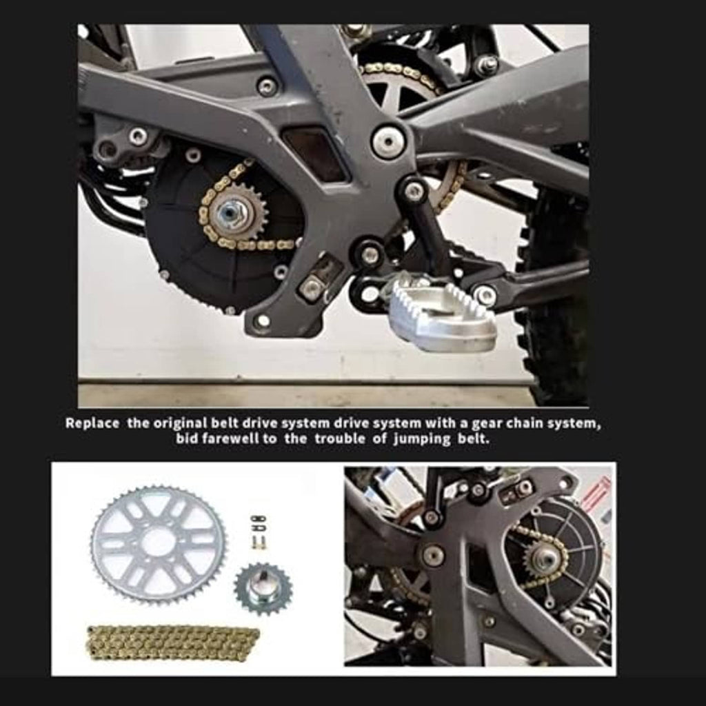 Drive sprocket and gold chain installed on bike with mounting hardware