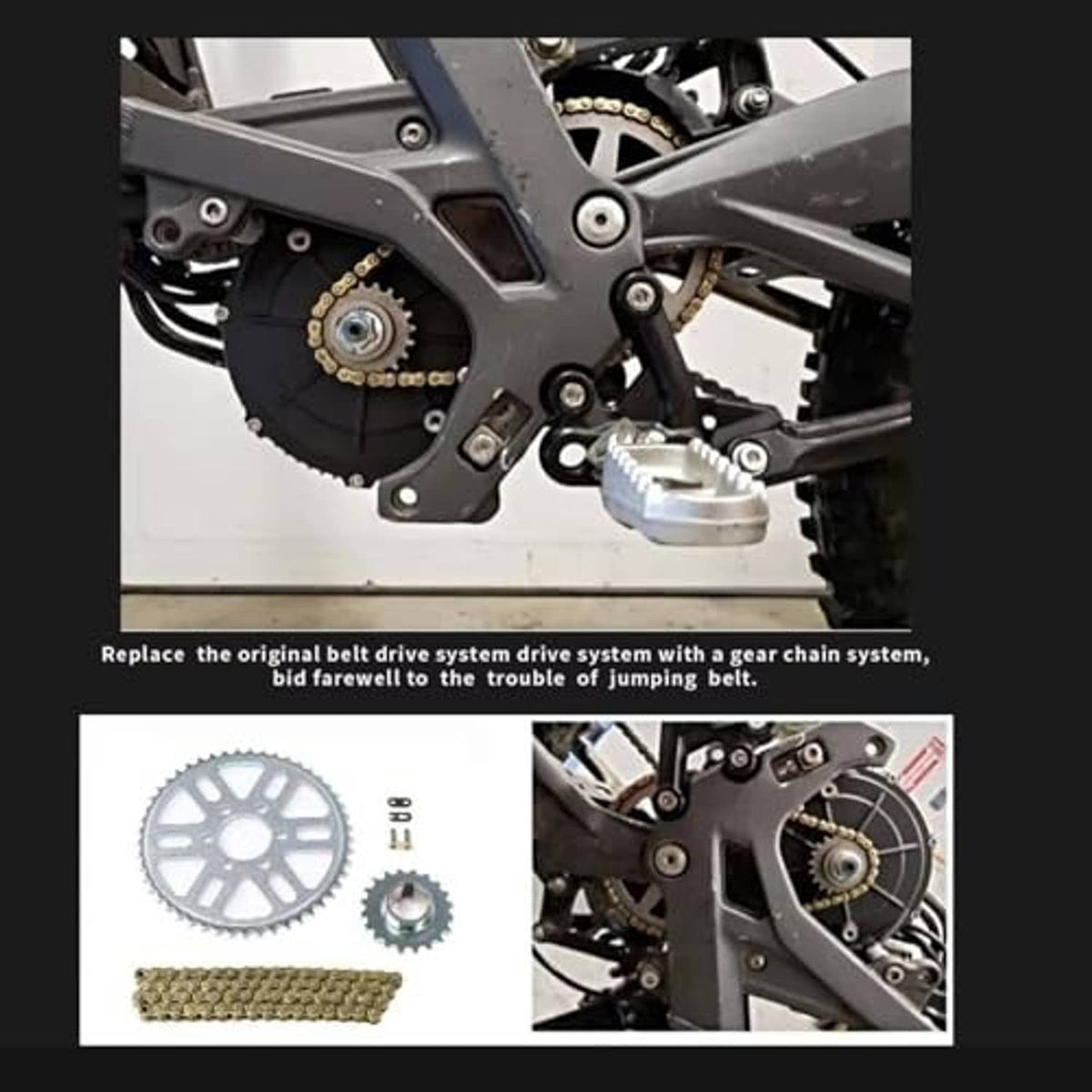 Drive sprocket and gold chain installed on bike with mounting hardware