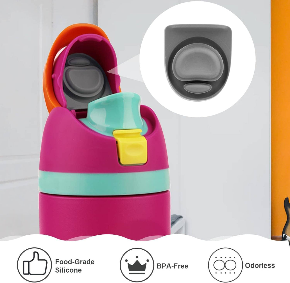 Set of gray silicone water bottle stoppers with rounded square shape for replacement lids