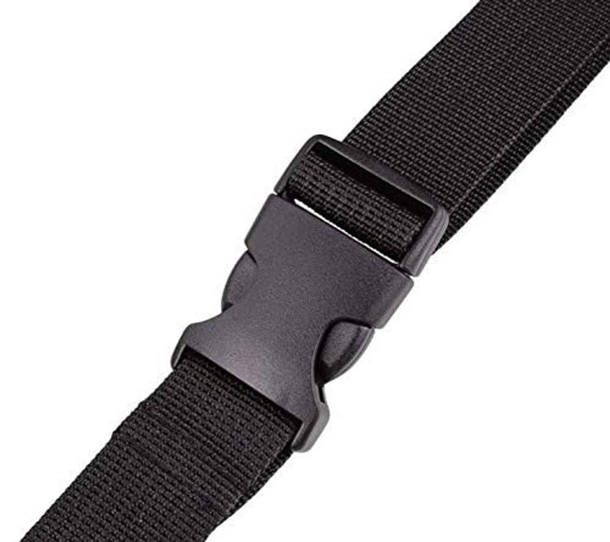 Black nylon strap with plastic adjustment buckle and loop fastener.
